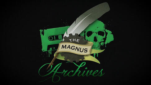 Logo for the Magnus Archives, with a quill, cog, skull and tape recorder, in monocolour green. Text reads “The Magnus Archives”.