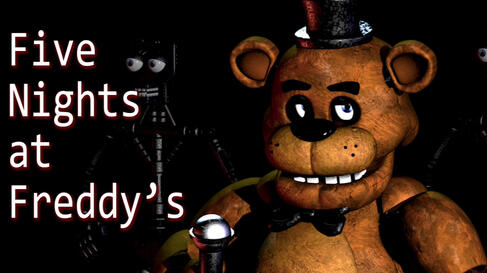 Landscape photo of Freddy Fazbear holding a microphone, with black background and two endoskeletons behind him. Text reads “Five Nights At Freddy’s”.